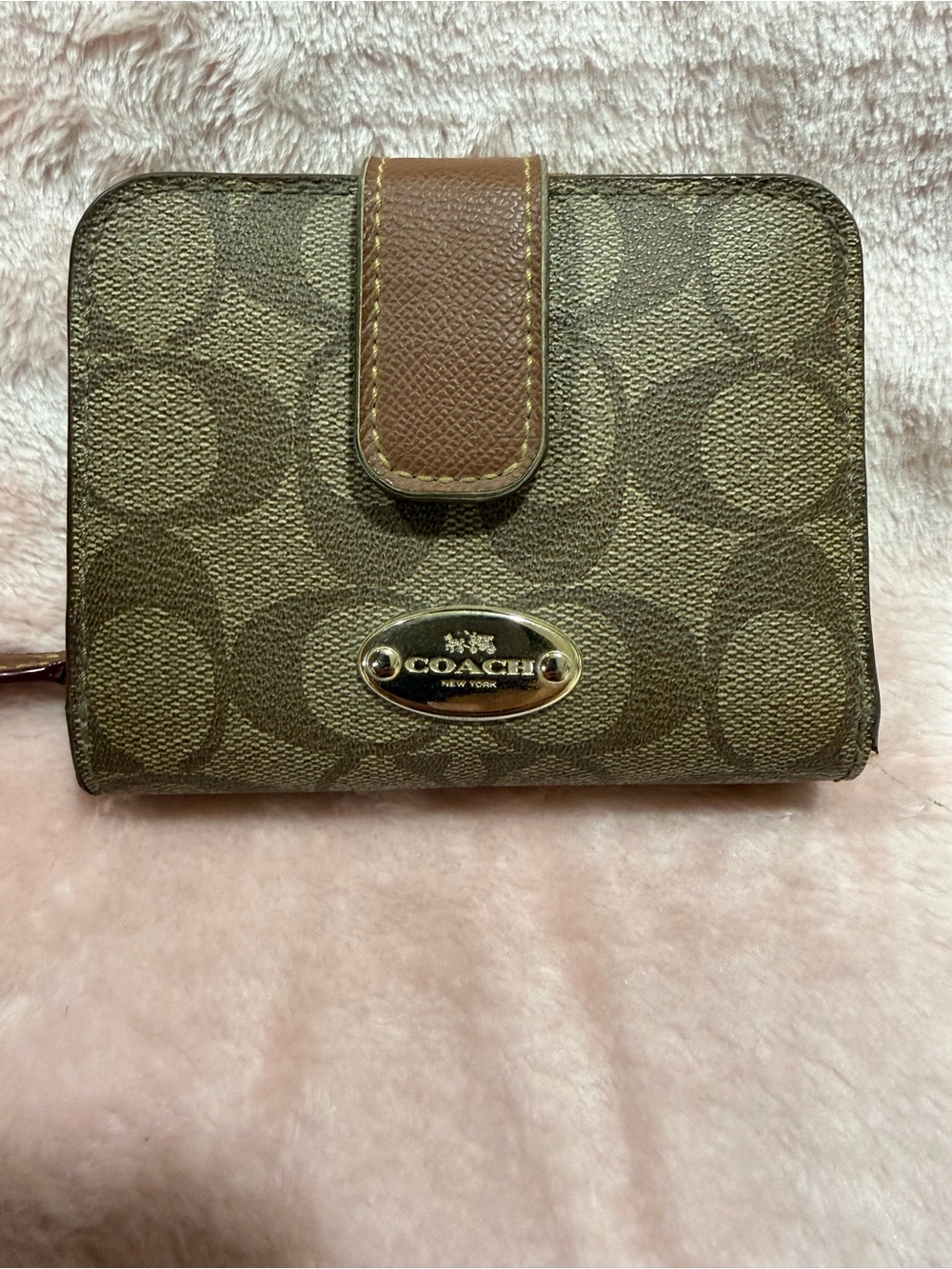 Coach Brown Signature Canvas Compact Wallet with Gold Logo Plaque
